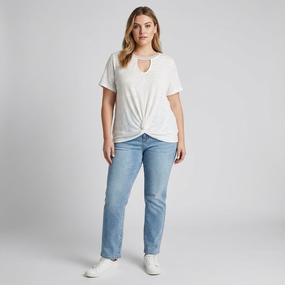 Chic White Women's Blouse with Keyhole Detail with rhinestones